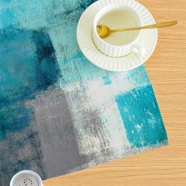 Kiatuniya Tablecloth 85 x 85 cm Turquoise Table Runner Modern Art Painting Short Table Decoration Washable Aesthetic Decoration Tablecloth for Spring Party Weddings Holidays Birthday