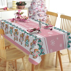 Tailus Merry Christmas Gingerbread Man Rectangle Tablecloth 60 x 104 Inch, Pink Xmas Peppermint Candy Decorative Table Cloth Dining Table Cover, Winter Snowflake Holiday Dinner Party Picnic Decoration