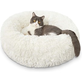 Cat Beds for Indoor Cats - Cat Bed Washable 20/24 inches, Dog Beds for Small Medium Dogs, Anti Anxiety Round Fluffy Plush Faux Fur Cat Bed, Thick Bottom (Cream, Medium)