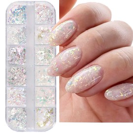 Holographic Nail Glitter,1Boxes 12Grids Nail Flakes Aurora Iridescent Irregular Paillettes,Mermaid Bright Colorful Ice Foil Nail Sequins for DIY Nail Art Decoration Shining Flakes