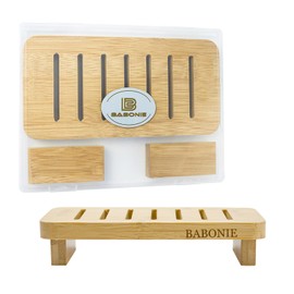 Farmhouse Wood Tray Pedestal Stand for Kitchen Decor Counter,Bamboo Bathroom Dishes Plant Display - 8.6"x4" Retro, Soap Dish Holder Decor for Bathroom, Kitchen Sink & Countertops (Packed in a Case)