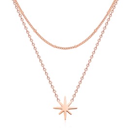 KristLand - 18k Gold Plated Dainty Layered Sun Necklace Pendant Short Cactus Choker Chain, Circle Layering Necklace,Star Handmade Gold Simple Necklace for Women Star Layer Rose Gold Color
