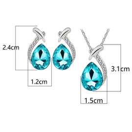 Txibikn 3PCS Shiny Fashion Crystal Rhinstone Teardrop Pendent Chain Necklace Stud Earrings Jewelry Set for Women Lady Wife Wedding Birthday Party Prom Gifts (Sky Blue)