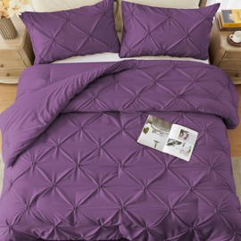UNIKOME King Size Comforter Set Purple - Soft Fluffy Pintuck Down Alternative Bedding Set for All Seasons, 3 Pieces Pinch Pleat Solid Bed Set with Comforter, 2 Pillowcases