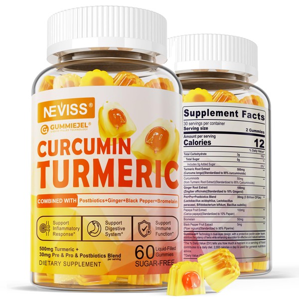 Sugar Free Turmeric Curcumin Filled Gummies 550mg for Adults, Ginger
