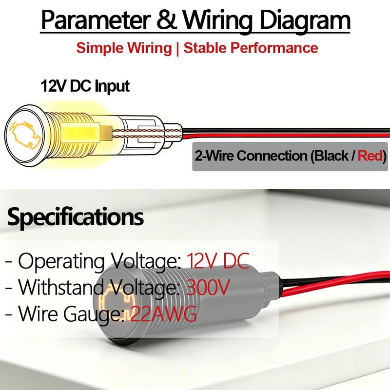 Taiss 8mm (5/16") 12V LED Metal Indicator Light, Yellow Check