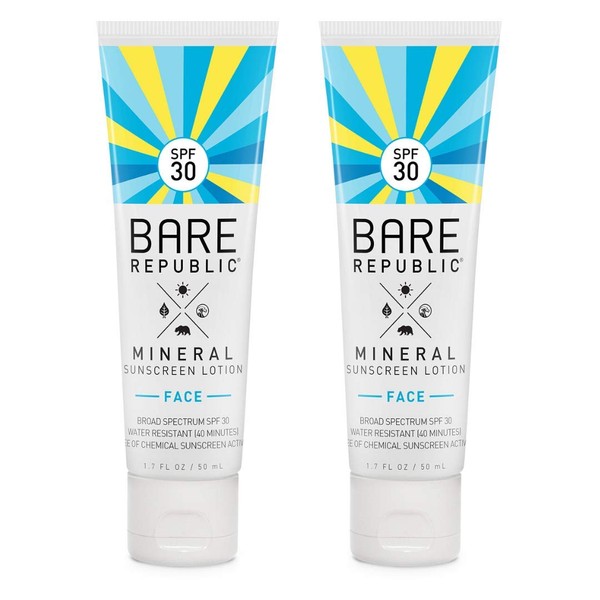 Bare Republic Mineral Face Sunscreen Lotion. Lightweight, Unscented and Water-Resistant Face Moisturizer, 1.7 Oz, 2 Pack, Packaging May Vary