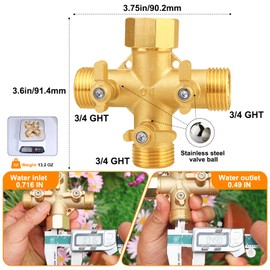 SIGURANTA Garden hose splitter, Brass 3 Way High Flow with Valve 3/4GHT splitter Connector (3 - way flow division 1PCS)