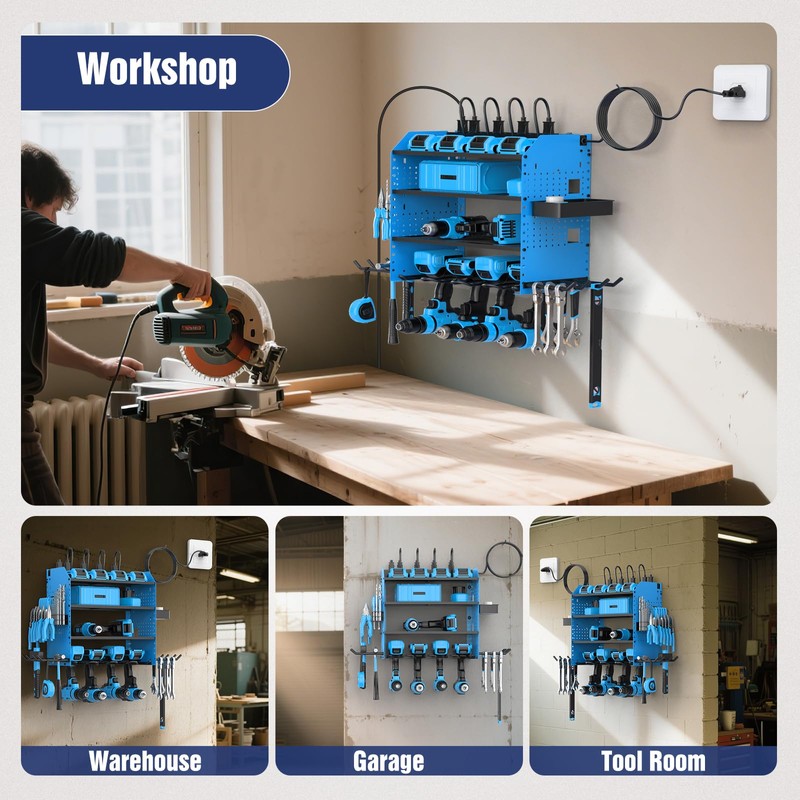 Heavy Duty Power Tool Organizer Wall Mount with Charging Station,