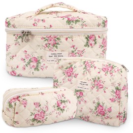 GISMTR 3Pcs Cotton Quilted Makeup Bag Large Travel Cosmetic Bag Coquette Makeup Pouch Cute Aesthetic Floral Toiletry Bag for Women Girls (flower-M)