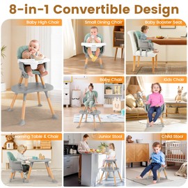 Ezebaby High Chairs for Babies and Toddlers, 8 in 1 Convertible High Chairs to Booster Seat/Toddler Chair/Table and Chair Set, Baby Feeding Chair with Adjustable Tray & PU Cushion (Green)