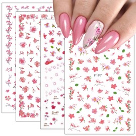Bellelfin 4 Sheets Flower Nail Stickers, Summer Pink Cherry 3D Self-Adhesive Nail Decals Colorful Floral Nail Art Stickers Plum Blossom Fingernail Stickers for Women Girls Manicure Decorations