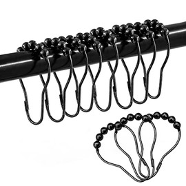 MitoVilla Black Shower Curtain Hooks Rings, Stainless Steel Shower Hooks for Shower Curtain Liner, Rolling Balls Rust Proof Shower Rings for Curtain Accessories and Bathroom Shower Rod, Set of 12