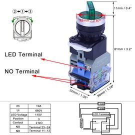 Sinyiol 2Pcs LED Light Latching Rotary Selector Switch with 110V LED lamp, 22mm 3 Positions,2 NO,Green LED Light and Red LED Light Maintained Latching Rotary Selector Switches,Ith 10A Ui 660V