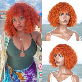 JOEDIR HAIR Ginger Orange Short Curly Wig with Bangs 12 inch Water Wave Human Hair Wig for Black Women Jerry Curl Bob Wig 150% Density Non Lace Front Glueless Wig