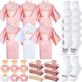 Bonuci 24 Pcs Bride Bridesmaid Robes Set of 6 Bridal Silk Satin Robes for Wedding Bachelorette Party Bridal Shower Gifts(Pink and White)