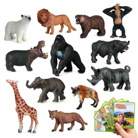 SIENON 12 Pieces Safari Animals Figure Toy with Flash Cards, Realistic Wild Zoo Animals, Plastic, Jungle, Elephant, Lion, Giraffe, Bear, Gorilla, Educational Learning Playset for Children