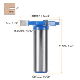HARFINGTON T Slot Cutter Rabbet Router Bit 15/32" (12mm) Shank 1-13/32" (36mm) x 1/5" (5mm) 3 Wing Carbide Slotting Cutter Rabbeting Slab Flattening Router Bits for Wood