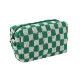 Small Cosmetic Bag Cute Makeup Accessories Aesthetic Knitted Plaid Make Up Purse (Green, 17 * 9 * 7cm)