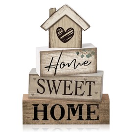 Moucuny 4 Pcs Wooden Farmhouse Tabletop Decor Rustic Home Tiered Tray Decor Decorative Highland Cow Home Eucalyptus Block Signs Gift Farmhouse Table Decoration for Kitchen Shelf(House)