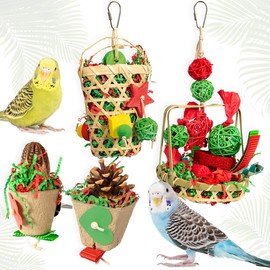 HappyBird Bird Toy for Parakeets in Bundle, Bird Cage Accessories, Budgie Shredder Toy, Pack of 4