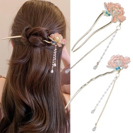 2 pcs hinese Flower Hair Stick Metal Vintage Tassel Hair Pins for Women Girls Party Wedding Daily Thick thin hair Accessories