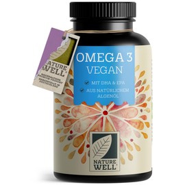 Omega-3 Vegan 90 Capsules High Dose, 2000 mg Omega-3 Algae Oil per Day with 600 mg DHA & 300 mg EPA, Vegan Omega from Sustainable Cultivation as a Fish Oil Alternative, Laboratory Tested with Certificate NatureWell