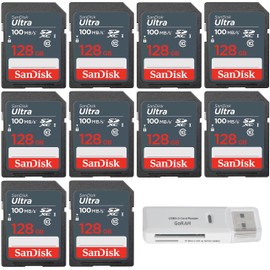 SanDisk 128GB Ultra SDXC UHS-I Class 10 Memory Card 100MB/s U1, Full HD, SD Camera Card (10 Pack) Bundle with (1) GoRAM USB 3.0 Multi Card Reader (128GB)