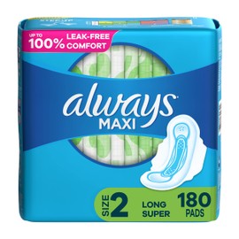 Always Maxi Feminine Pads for Women, Size 2 Long Super Absorbency, Multipack, with Wings, Unscented, 60 Count x 3 Packs (180 Count total)