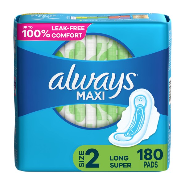 Always Maxi Feminine Pads for Women, Size 2 Long Super Absorbency, Multipack, with Wings, Unscented, 60 Count x 3 Packs (180 Count total)