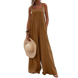 utcoco Women's Casual Baggy Sleeveless Bib Overall Adjustable Strap Wide Leg Jumpsuit Overalls with Pockets (Medium, Brown)