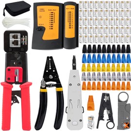 LEATBUY RJ45 Crimp Tool Set Cat5 Cat5e Crimper Cat6 Crimping Tool Kit for RJ11/RJ12 Pass Through for Regular End-Pass-Through with 50PCS Connectors, 50PCS Covers Network Wire Stripper Kit(Blue)