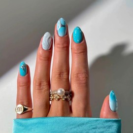 MERVF Oval Press on Nails Medium Blue Fake Nails 3D Design Glue ons Aura Design Round Summer Beach Acrylic False Nail Supplies Art Manicure Glossy 24pcs