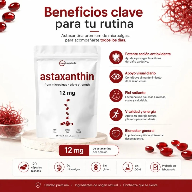 Astaxantina 12 Mg 120 Softgels Microalgas Apoyo Antioxidante