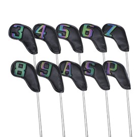 10 Pcs Synthetic Leather Iron Golf Head Covers Strong Magnetic Closure Long Neck Protect Club Shaft Clearly Number Tag 3-9/A/P/S (Gradient Number Leather Black)