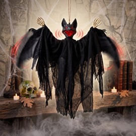 Rtteri Halloween Animated Bat Decoration with Flapping Wings, Scary Sound & Red LED Eyes, Battery Operated Hanging Bat Decor for Indoor Outdoor Halloween Party