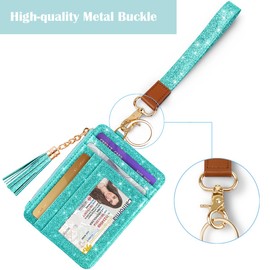 Simikol Slim Zipper Credit Card Holder with Keychain Wristlet Small RFID Glitter Leather Wallet with ID Window for Women,Tiffany