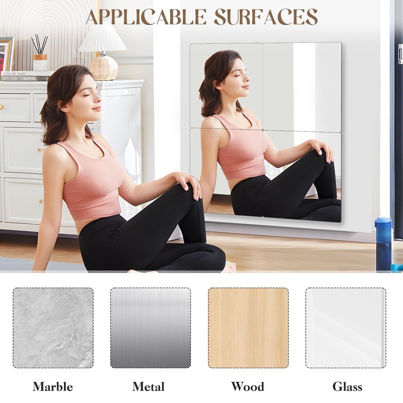 KBPNO 4 Pack Self Adhesive Acrylic Mirror, 8 x 8