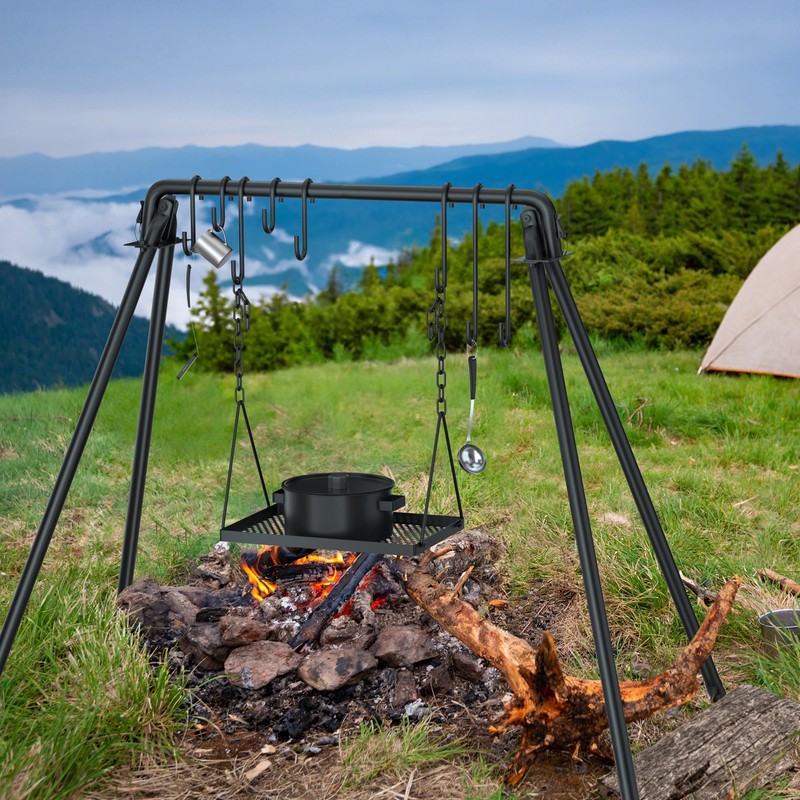 RELIANCER Grill Swing,Campfire Grill Cooking Stand w/8 Hooks & Storage