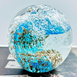 FZBHRO Decorative Crystal Ball Figurines Ocean Waves Paperweight Blown Glass Decor Sea Art Ocean Lovers Gift Blue Amber 3.15"