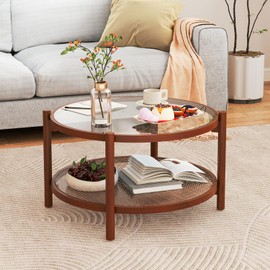 Giantex Rattan Coffee Table, Boho Round Glass Tea Table with PE Rattan Storage Shelf & Wood Frame, 2 Tier Accent Center Table for Living Room, Apartment, Small Space