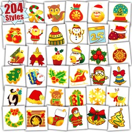 Partywind Metallic Glitter Christmas Tattoos Party Supplies, 204 Styles Fake Tattoo Stickers for Kids Stocking Stuffers Goodie Bag Stuffers, Christmas Holiday Party Decorations Games