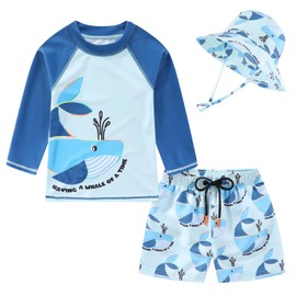 Toddlers and Baby Boys' 3-Piece Rashguard Sets Swimsuits Sets with Hat Surfing Swimwear Sunsuit UPF 50+Sky Blue Whale(3-4T)