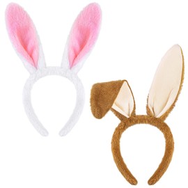 Aneco 2 Pack Bunny Headband Easter Bunny Ears Hairbands Plush Bunny Headband for Easter Party Favor Costume (Pink, Brown)