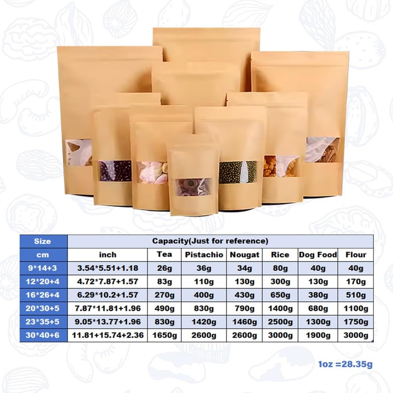 10-200x Stand Up Bag Kraft Paper Seal Packaging Window Zip