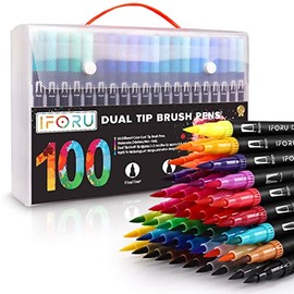 IFORU Plumones Punta de Pincel 100 Colores, Rotuladores de Dibujo con Doble Punta(0.4mm/1-2mm), Rotuladores Acuarelables No Toxica Regalo para Colorear Libro, Caligrafia, Lettering, Comic, etc. (100)