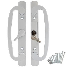 Hyneesun Centered Position Key Locking Patio Door Handle 3-15/16 Inch(10cm) Hole spacing（Right and Left Handed White Sliding Door Handle Set Mortise Style, keyed (Centered, White)
