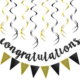 Glitter Congratulations Banner Triangle Flag Banner with 12 Pieces Hanging Swirls for Wedding Retirement Graduation Anniversary Party Decorations (Black, Gold)