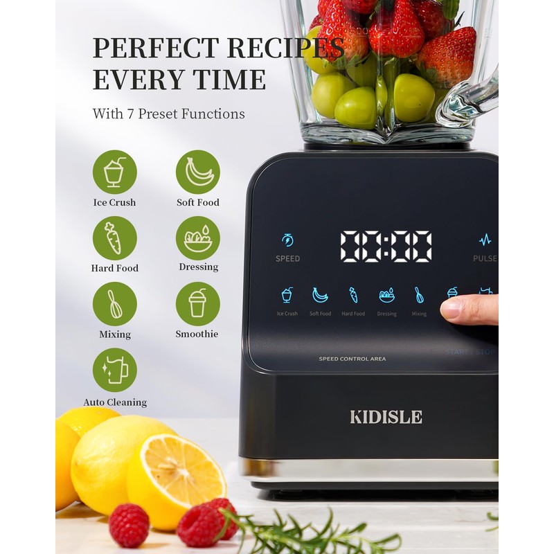 KIDISLE 1200W Professional Smoothie Blender for Shakes, 52oz Glass Jar,