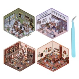 4 Set 3D Sticker Scene, 3D House Stickers, DIY 3D House Stickers, Supermarket Coffee Shop Restaurant Bookstore, Funny Cartoon Scene Stickers for Relief Stress Pass The Time